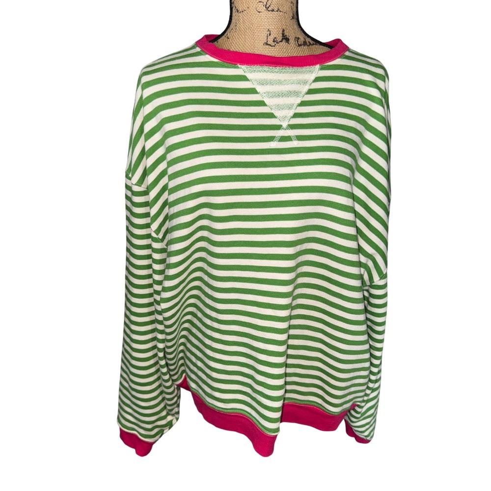 We The Free Sweatshirt Small Green White Pink Striped Oversized Crewneck - Picture 2 of 12